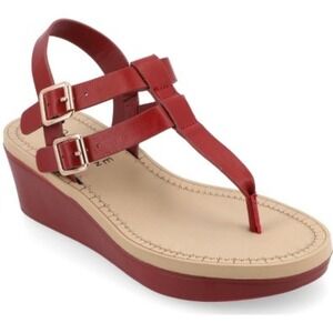 Journey Collection‎ Bianca Red T-Strap Wedge Sandals Double Buckle Size 6.5 NEW